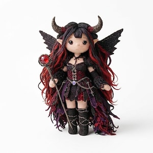Gothic-demon Fairy Doll Pdf-haakpatroon, vleermuisvleugels, kristallen staf, geavanceerde amigurumi (pdf)