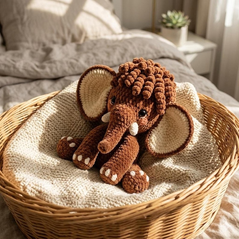 A miniature brown crocheted mammoth plush sits inside a round wicker basket lined with a cream blanket on a bed.