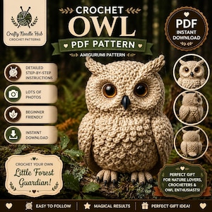 Könnte beinhalten: Eine digitale PDF-Häkelanleitung für eine Amigurumi-Eule mit dem Text Crochet Owl PDF Pattern, Little Forest Guardian und Crafty Needle Hub. Das Bild zeigt eine beige gehäkelte Eule mit großen braunen Augen und einem schwarzen Schnabel.