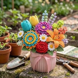 Può includere: Un colorato bouquet di fiori all'uncinetto in un vaso rosa con un nastro. Il bouquet comprende tulipani blu, gigli arancioni e vari altri fiori all'uncinetto in tonalità di giallo, arancione, viola e rosso. La composizione è su una superficie di pietra.