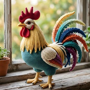 Majestic Rooster Crochet Pattern – Realistic Amigurumi PDF, Poseable Wired Feathers, Waistcoat Stitch Chicken