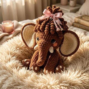 A brown crochet mammoth wearing a light pink bow between its curly yarn hair rests inside a furry cream bed.
