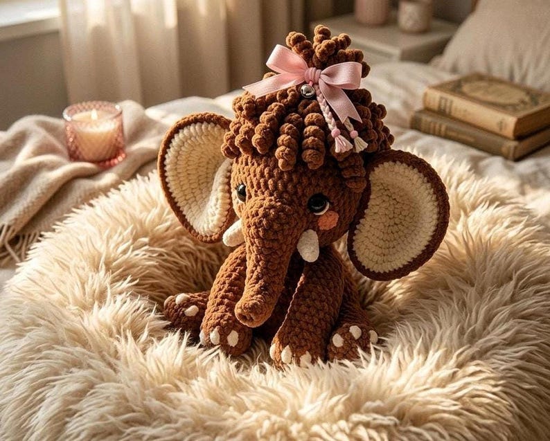 A brown crochet mammoth wearing a light pink bow between its curly yarn hair rests inside a furry cream bed.