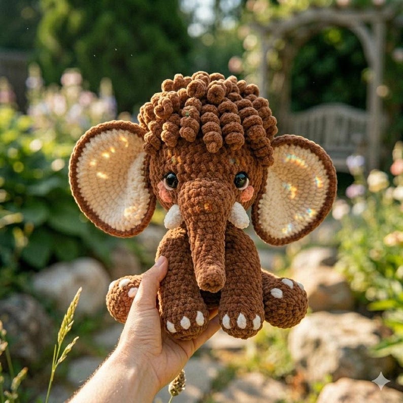 A hand holds a plush brown crochet mammoth toy with large cream-colored ears against a blurred outdoor garden setting.
