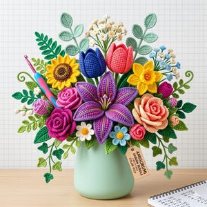 May include: A colorful crochet flower arrangement in a light green vase. The bouquet includes a sunflower, roses, tulips, and other flowers in various colors. A crochet hook rests among the flowers. A tag reads "Amigurumi Garden Bundle Color-Rich."