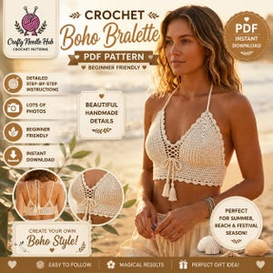 May include: A beige crochet bralette featuring a halter neckline, scalloped edges, and a front lace-up detail with tassels. The image includes text for a PDF pattern titled Crochet Boho Bralette, highlighting beginner-friendly instructions.