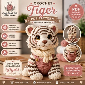 Puede incluir: Un patrón PDF de tigre amigurumi a ganchillo que muestra un tigre a rayas blancas y marrones con un peto rosa y una bufanda color crema. El documento incluye texto como Crochet Tiger PDF Pattern e Instant Download.