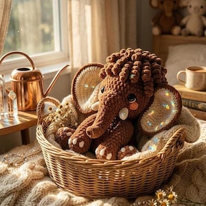 The brown crochet mammoth toy is nestled in a woven basket on a cozy knitted blanket near a sunny window.