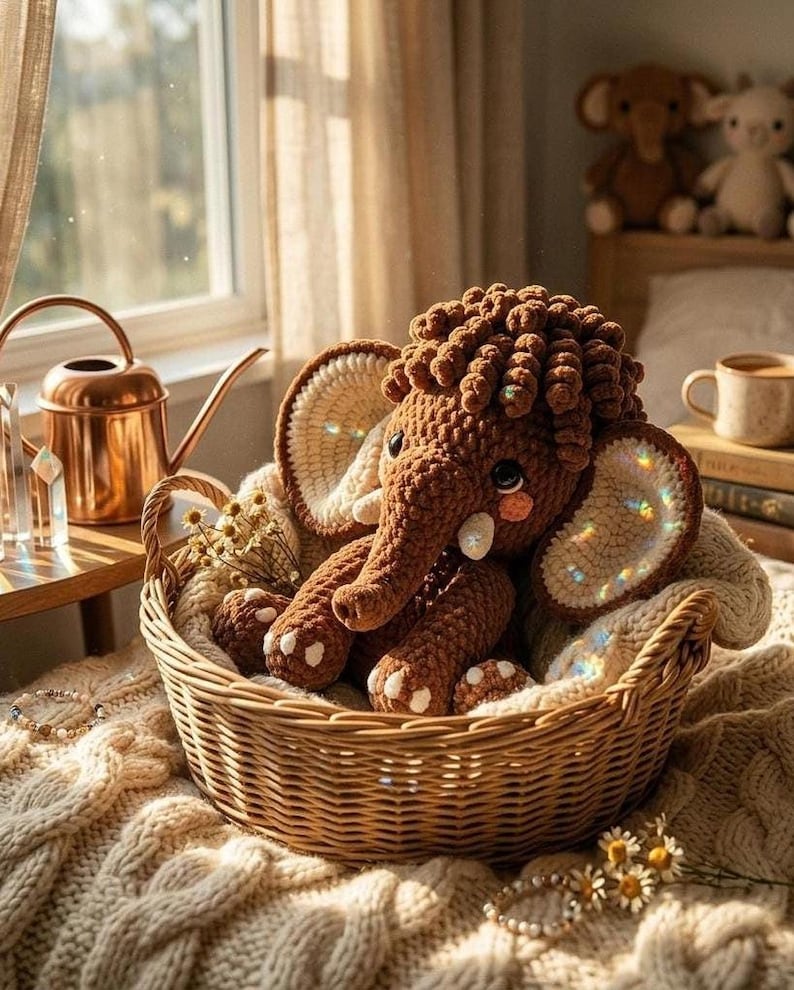 The brown crochet mammoth toy is nestled in a woven basket on a cozy knitted blanket near a sunny window.
