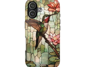Stained Glass Hummingbird Phone Case, Bird Watcher Gift, Colorful Hummingbird Case, Custom Monogram Phone Case, iPhone 16 15 14 Pro Max