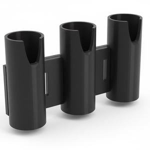 May include: A matte black wall-mounted organizer featuring three cylindrical holders arranged in a row. Each cylinder has a vertical cutout at the top rim, and the units are connected by a flat rectangular backplate with two rectangular slots.
