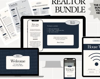 Real Estate Marketing Templates Bundle, Realtor Business Card Client Welcome Guide, Blue Luxury Property Brochure Canva Social Media Kit RE1