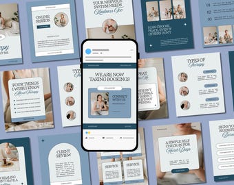 Therapist Instagram Canva Templates Blue Therapy Posts & Stories Psychology Feed Wellness Counseling Business Bundle
