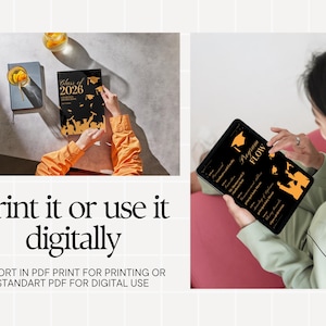 Pode incluir: Um design de planejador de formatura preto com texto dourado "Class of 2026" &eacute; mostrado. A imagem tamb&eacute;m mostra um tablet com um design semelhante. O texto "Print it or use it digitally" &eacute; vis&iacute;vel, junto com instru&ccedil;&otilde;es.