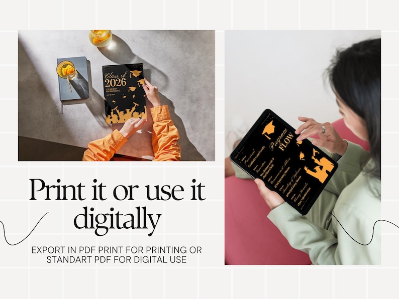 Pode incluir: Um design de planejador de formatura preto com texto dourado "Class of 2026" &eacute; mostrado. A imagem tamb&eacute;m mostra um tablet com um design semelhante. O texto "Print it or use it digitally" &eacute; vis&iacute;vel, junto com instru&ccedil;&otilde;es.