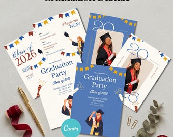 Graduation Template Bundle Class of 2026 Editable Canva Grad Party Invitation, Announcement, Program Elegant High School College Senior G3