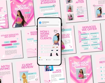 Y2k Lash Tech Instagram Canva Templates Trendy Brow Artist Branding Neon Pink Beauty Salon Esthetician Social Media Posts Stories Bundle