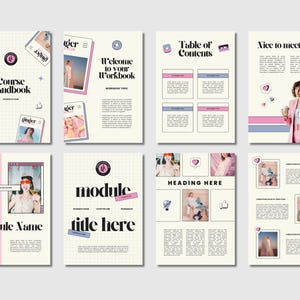 Peut inclure: Ensemble de huit pages de cahier d'exercices sur fond cr&egrave;me, avec des touches de rose et de bleu. Les pages pr&eacute;sentent des textes tels que "Course Handbook", "Welcome to your Workbook" et "Module Name". Des images et des graphiques sont int&eacute;gr&eacute;s.
