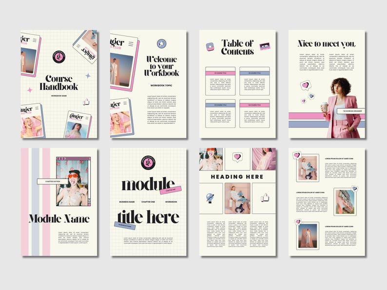 Peut inclure: Ensemble de huit pages de cahier d'exercices sur fond cr&egrave;me, avec des touches de rose et de bleu. Les pages pr&eacute;sentent des textes tels que "Course Handbook", "Welcome to your Workbook" et "Module Name". Des images et des graphiques sont int&eacute;gr&eacute;s.