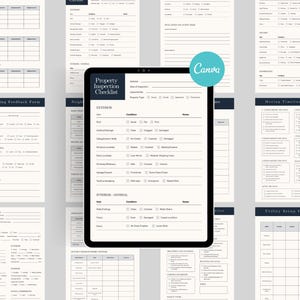 Könnte beinhalten: Eine Sammlung druckbarer Immobilienformulare, darunter eine Immobilieninspektions-Checkliste, ein Feedback-Formular für Hausbesichtigungen und ein Umzugsplaner. Die Formulare sind in einem minimalistischen Design mit weißem Hintergrund und dunkelblauen Überschriften gehalten.
