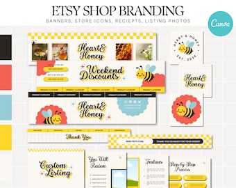 Honey Bee Etsy Shop Kit Banner Template Bundle Pastel Shop Icon Canva Small Business Etsy Seller Store Branding Listing Photos