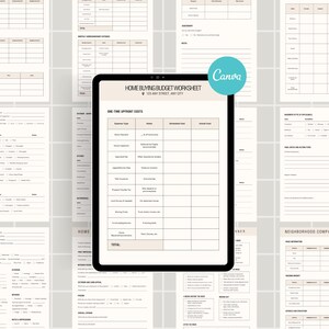 Könnte beinhalten: Ein digitales Tablet zeigt ein "Home Buying Budget Worksheet" mit einem hellbeigen Hintergrund. Um das Tablet herum befinden sich verschiedene druckbare Checklisten und Arbeitsblätter für den Hauskauf, alle in einem ähnlichen neutralen Farbschema. Ein türkisfarbenes "Canva"-Logo ist sichtbar.