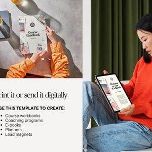 Peut inclure: Une femme en pull orange et jean bleu tient une tablette affichant un mod&egrave;le de cahier d'exercices. L'image montre &eacute;galement un "Course Handbook" imprim&eacute; et le texte "Print it or send it digitally". Le mod&egrave;le est pour les cahiers d'exercices, programmes de coaching, e-books, agendas et aimants.