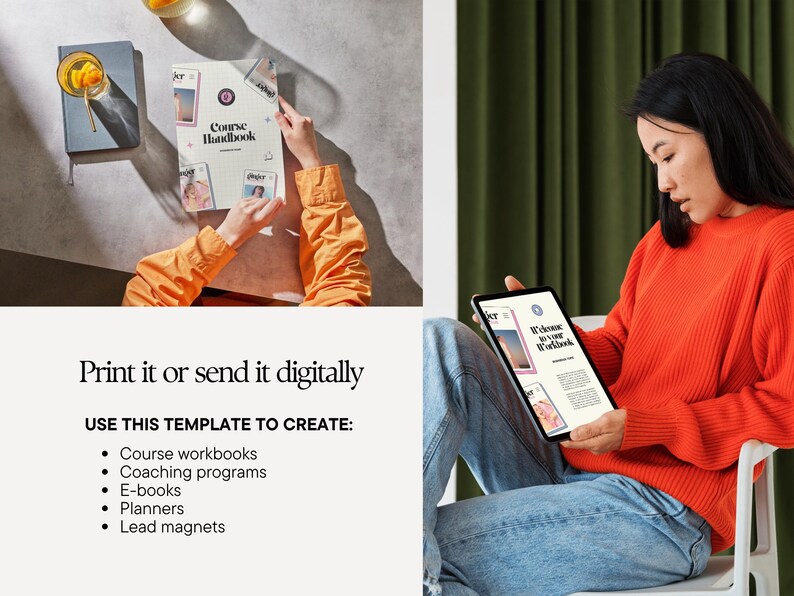 Peut inclure: Une femme en pull orange et jean bleu tient une tablette affichant un mod&egrave;le de cahier d'exercices. L'image montre &eacute;galement un "Course Handbook" imprim&eacute; et le texte "Print it or send it digitally". Le mod&egrave;le est pour les cahiers d'exercices, programmes de coaching, e-books, agendas et aimants.