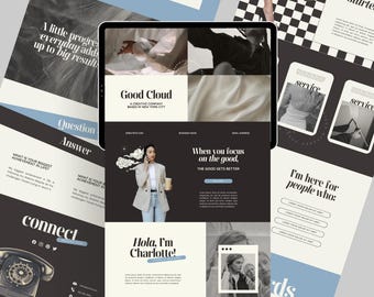 Blue Canva Website Template Landing Page Design Beige Black Aesthetic Landing Page for Marketing UGC Creator Social Media Manager
