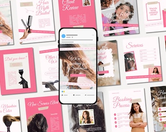 Pink Hair Salon Instagram Canva Marketing Templates Hair Stylist Social Media Post & Story Beauty Salon Branding Editable