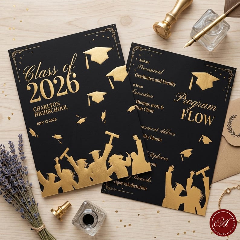 Pode incluir: Dois an&uacute;ncios de formatura pretos com detalhes dourados. O an&uacute;ncio da esquerda diz "Class of 2026" e "Charlton Highschool". O an&uacute;ncio da direita diz "Program Flow" e lista a programa&ccedil;&atilde;o da cerim&ocirc;nia. Com chap&eacute;us de formatura.