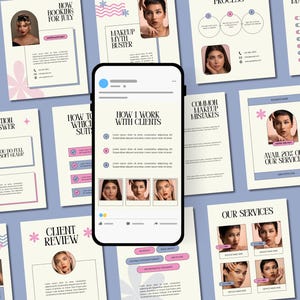 May include: A smartphone shows a social media post with the text "HOW I WORK WITH CLIENTS." The phone is surrounded by cards with images of women, text, and floral designs. The cards cover topics such as makeup, booking, and services.