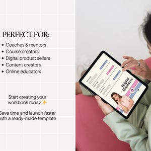 Peut inclure: Une tablette affiche un mod&egrave;le de cahier d'exercices avec le texte "Ressources utiles". L'&eacute;cran pr&eacute;sente des &eacute;l&eacute;ments de design roses et bleus. Le texte &agrave; l'&eacute;cran comprend "Commencez &agrave; cr&eacute;er votre cahier d'exercices aujourd'hui" et "Gagnez du temps et lancez-vous plus vite."