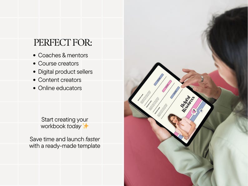 Peut inclure: Une tablette affiche un mod&egrave;le de cahier d'exercices avec le texte "Ressources utiles". L'&eacute;cran pr&eacute;sente des &eacute;l&eacute;ments de design roses et bleus. Le texte &agrave; l'&eacute;cran comprend "Commencez &agrave; cr&eacute;er votre cahier d'exercices aujourd'hui" et "Gagnez du temps et lancez-vous plus vite."