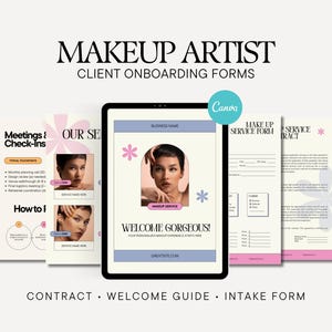 May include: A digital tablet displaying a welcome screen for a makeup artist, surrounded by client onboarding forms. The forms include a contract, welcome guide, and intake form. The text "MAKEUP ARTIST" is at the top.
