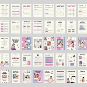 Peut inclure: Une collection de pages de planificateur imprimables et de mat&eacute;riel promotionnel dans une palette de couleurs douces de rose, de bleu et de beige. Les pages comprennent des planificateurs hebdomadaires, mensuels et annuels, des suivis d'habitudes, des objectifs et des diagrammes.
