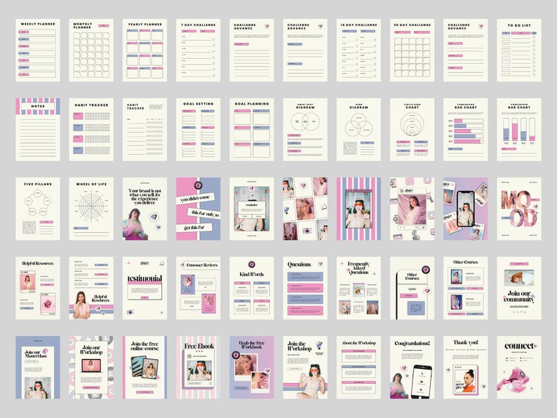 Peut inclure: Une collection de pages de planificateur imprimables et de mat&eacute;riel promotionnel dans une palette de couleurs douces de rose, de bleu et de beige. Les pages comprennent des planificateurs hebdomadaires, mensuels et annuels, des suivis d'habitudes, des objectifs et des diagrammes.
