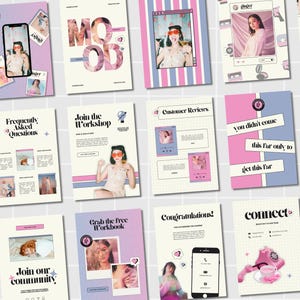 Peut inclure: Ensemble de supports promotionnels roses, bleus et blancs avec des photos d'une femme. Les supports incluent les mots "MOOD", "Questions fr&eacute;quemment pos&eacute;es", "Rejoignez l'atelier", "Avis clients" et "Rejoignez notre communaut&eacute;".
