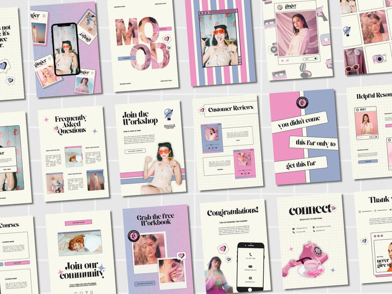 Peut inclure: Ensemble de supports promotionnels roses, bleus et blancs avec des photos d'une femme. Les supports incluent les mots "MOOD", "Questions fr&eacute;quemment pos&eacute;es", "Rejoignez l'atelier", "Avis clients" et "Rejoignez notre communaut&eacute;".