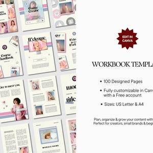 Peut inclure: Plusieurs mod&egrave;les de cahiers d'exercices avec un design rose et blanc. Les pages pr&eacute;sentent des photos et du texte, notamment "Course Workbook", "Course Creator" et "Welcome". Le texte "Edit in Canva" est &eacute;galement visible. Le mod&egrave;le comprend 100 pages con&ccedil;ues et est personnalisable.