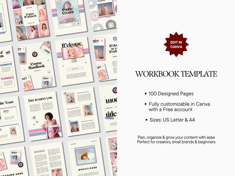 Peut inclure: Plusieurs mod&egrave;les de cahiers d'exercices avec un design rose et blanc. Les pages pr&eacute;sentent des photos et du texte, notamment "Course Workbook", "Course Creator" et "Welcome". Le texte "Edit in Canva" est &eacute;galement visible. Le mod&egrave;le comprend 100 pages con&ccedil;ues et est personnalisable.
