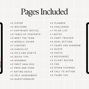Peut inclure: Pages de planificateur num&eacute;rique affich&eacute;es sur des tablettes. L'image montre une liste des pages incluses, telles que la couverture, la bienvenue, la liste de contr&ocirc;le et la d&eacute;finition des objectifs. Le design pr&eacute;sente une esth&eacute;tique &eacute;pur&eacute;e et moderne avec un fond quadrill&eacute; et une palette de couleurs rose.