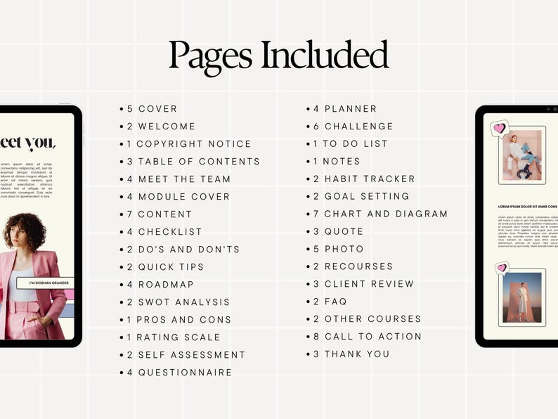 Peut inclure: Pages de planificateur num&eacute;rique affich&eacute;es sur des tablettes. L'image montre une liste des pages incluses, telles que la couverture, la bienvenue, la liste de contr&ocirc;le et la d&eacute;finition des objectifs. Le design pr&eacute;sente une esth&eacute;tique &eacute;pur&eacute;e et moderne avec un fond quadrill&eacute; et une palette de couleurs rose.