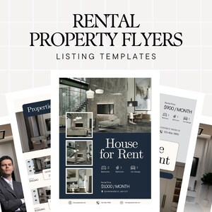 Könnte beinhalten: Eine Sammlung von Vorlagen für Mietobjekt-Flyer. Die Flyer zeigen ein dunkelblaues und weißes Farbschema mit Bildern von modernen Häusern. Der Text enthält "Rental Property Flyers" und "House for Rent."