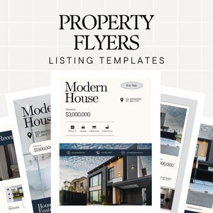 Könnte beinhalten: Eine Sammlung von Immobilien-Flyer-Vorlagen mit dem Text "PROPERTY FLYERS LISTING TEMPLATES". Die Flyer zeigen moderne Hausdesigns mit Details wie Preis, Adresse und Hausmerkmalen. Das Farbschema ist hauptsächlich Schwarz und Weiß.