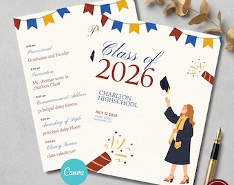 Graduation Program Template Editable Canva Class of 2026 Ceremony Card Modern High School College Senior Graduation Program Graduation G3