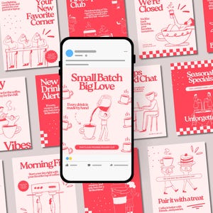 Könnte beinhalten: Ein Smartphone zeigt einen Social-Media-Beitrag mit dem Text "Small Batch Big Love" und Illustrationen von Kaffeeszenen. Um das Telefon herum befinden sich verschiedene rote und weiße Werbekarten mit Kaffee-Grafiken und Text.