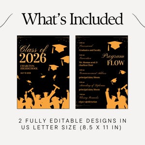 Pode incluir: Dois modelos de an&uacute;ncios de formatura. O design esquerdo diz "Turma de 2026" com o nome da escola e a data. O design direito &eacute; um fluxo do programa. Ambos os designs s&atilde;o pretos com detalhes dourados e ilustra&ccedil;&otilde;es de chap&eacute;us de formatura.