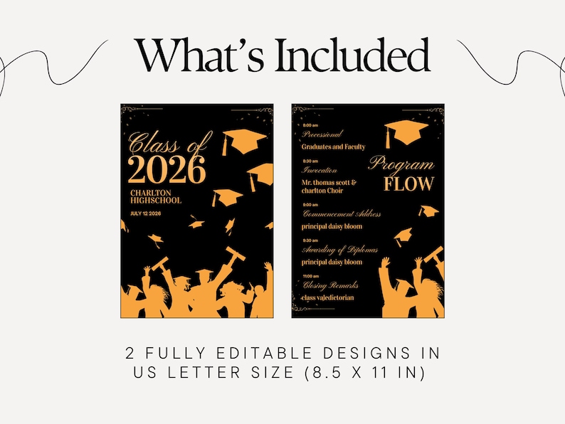 Pode incluir: Dois modelos de an&uacute;ncios de formatura. O design esquerdo diz "Turma de 2026" com o nome da escola e a data. O design direito &eacute; um fluxo do programa. Ambos os designs s&atilde;o pretos com detalhes dourados e ilustra&ccedil;&otilde;es de chap&eacute;us de formatura.