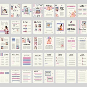 Peut inclure: Ensemble de cahiers et de manuels ouverts avec des accents roses, bleus et beiges. Les pages pr&eacute;sentent des photos d'une femme aux cheveux roses, ainsi que du texte et des &eacute;l&eacute;ments graphiques. La mise en page comprend des listes de contr&ocirc;le, des feuilles de route et des questionnaires.